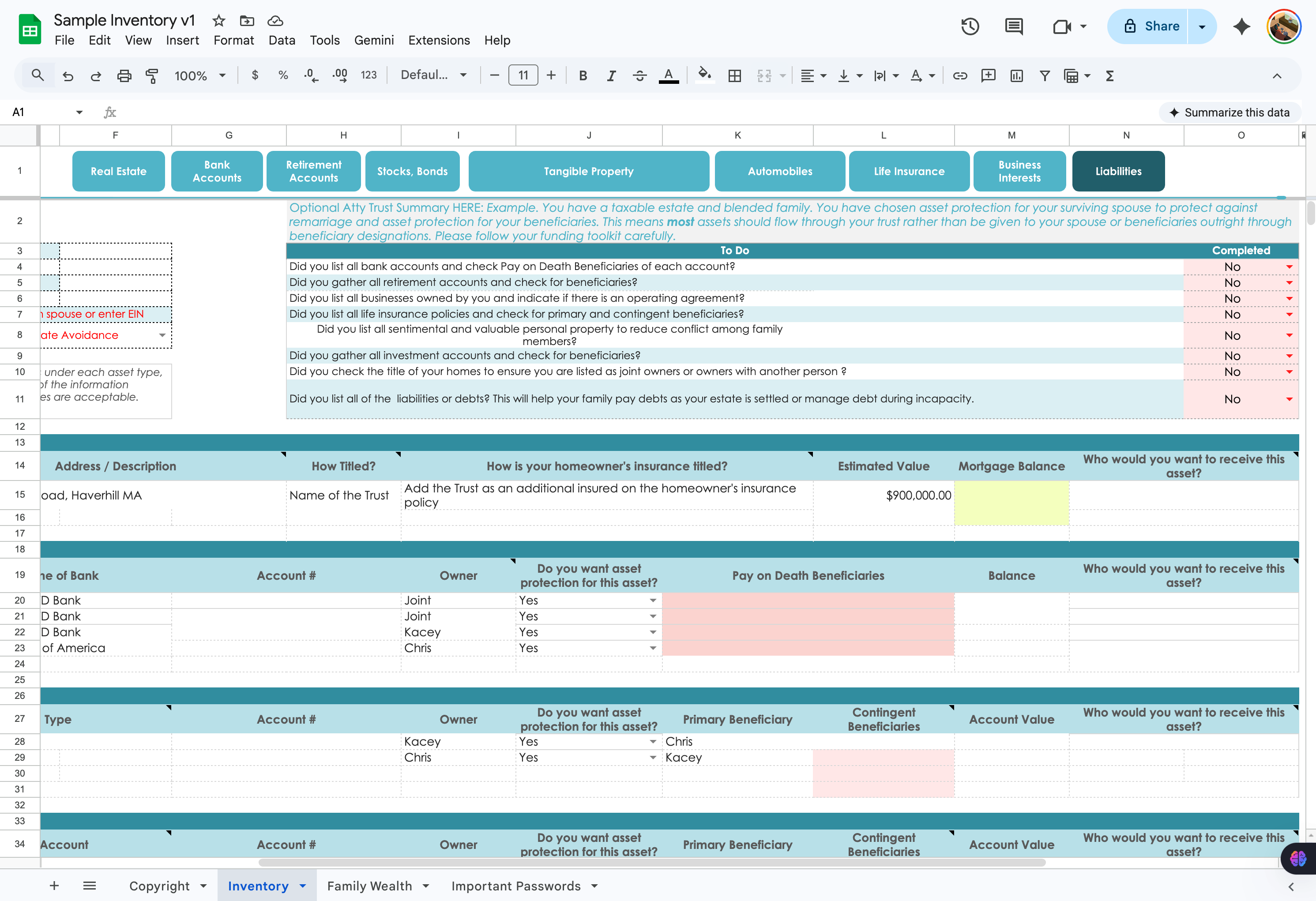 Spreadsheet inventory detail